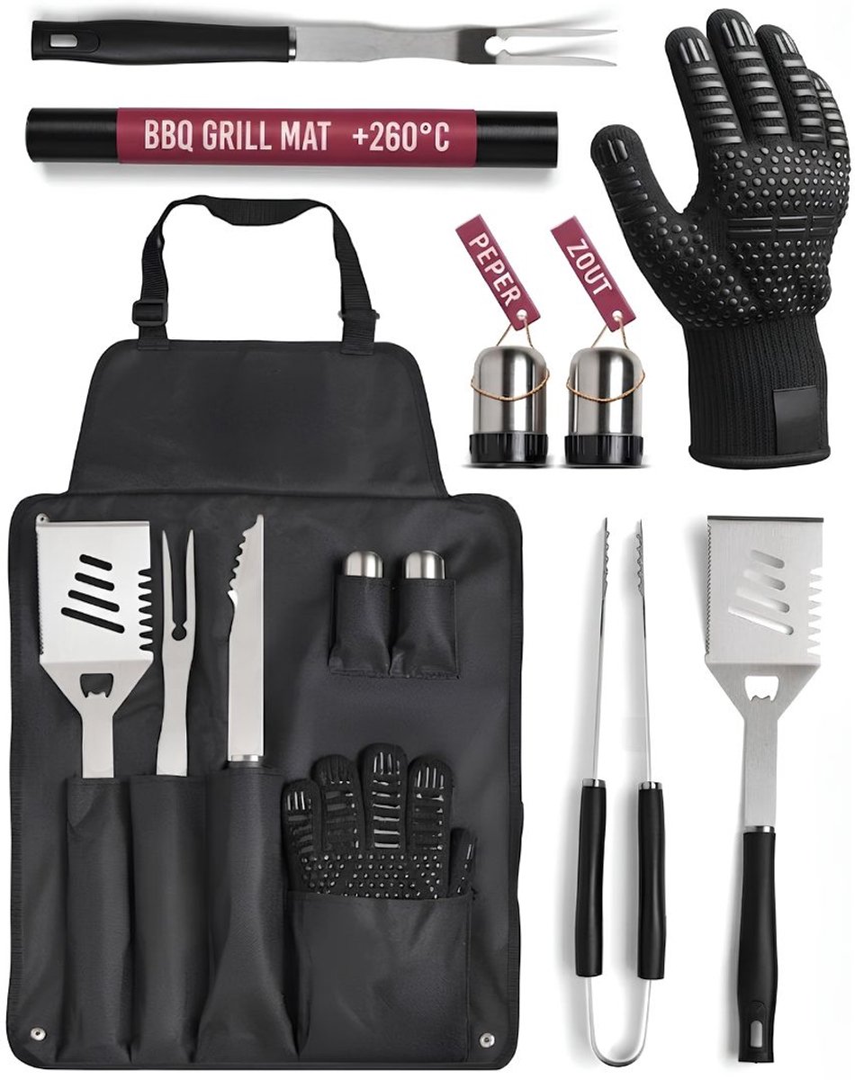 TYR® BBQ Accesoires ( set ) - 23 Barbecue Set met RVS - Oxford Schort met Compartimenten - Zilver - 44cm x 11cm x 11cm