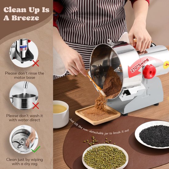 Moongiantgo Grain mill, electric 1500g, stainless steel and commercial motor with 3000W, 36000rpm, for spices, spices - ShopVlot — afbeelding 4