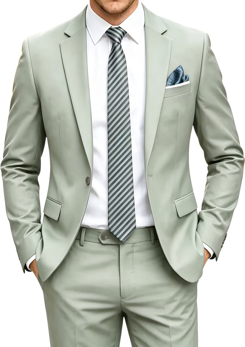 Currero 3 Delig Herenpak Met Overhemd Suit 2 Delig Tailored Fit Kostuum Business Pak Trouwpak Smoking Tuxedo Stijl Bruiloft Kantoor & Feest Matcha-kleur