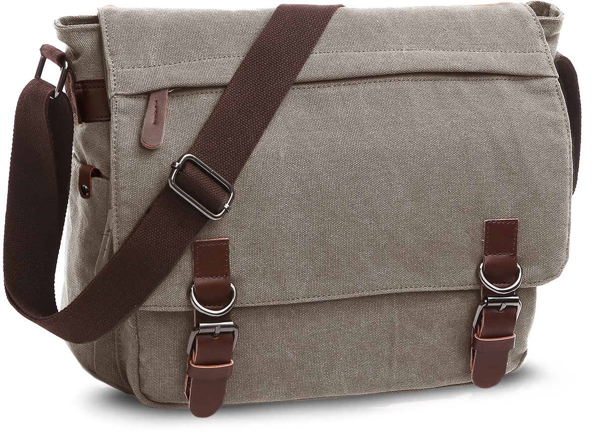 TANTOMI - Schoudertas Heren - Canvas - met Schouderpad - Vintage Messenger Bag -A4 Laptoptas voor 15,6 Inch Laptop - Schooltas - Laptoptas - Crossbody tas - Grijs