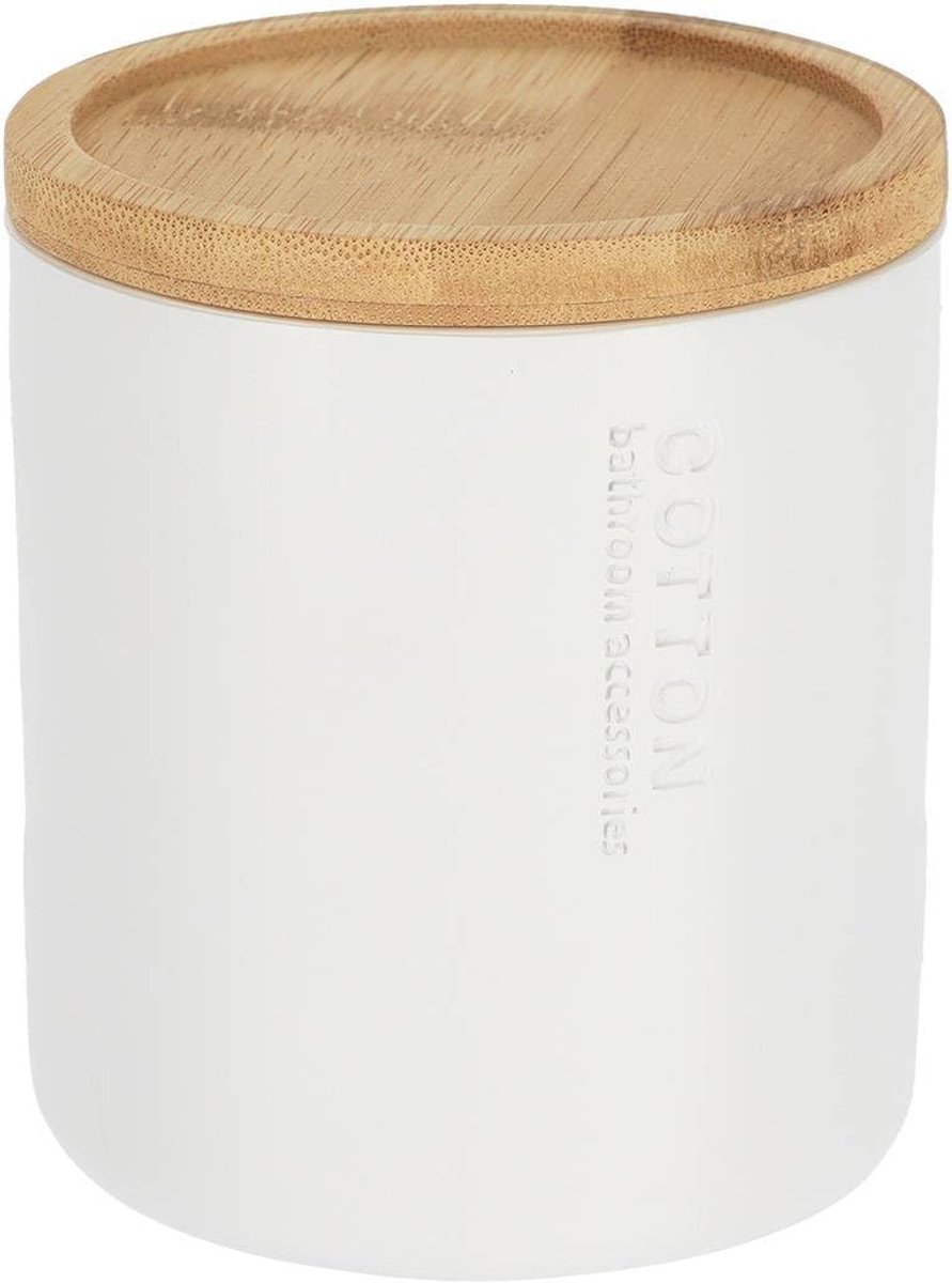 Tendance Wattenpot met Deksel - Polyresin en Bamboe - Wit - 9,5 x 9,5 x 11 cm
