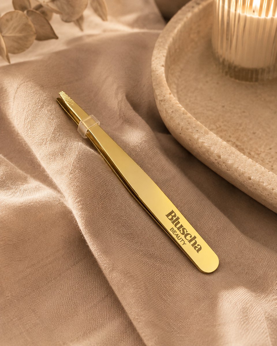 Bluscha® – Wenkbrauw Pincet – Epileerpincet voor Gezicht – Tweezers – Wenkbrauwen Epileren – Ontharen – Schuine Punt – RVS – Goud