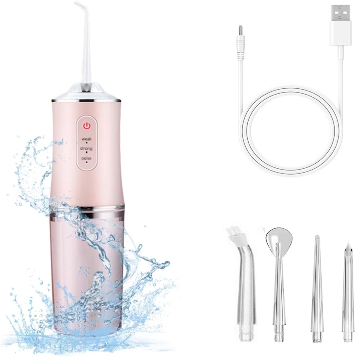 KZQ Draadloze elektrische waterflosser met 3 standen en 4 opzetstukken - Effectief voor tandvlees en interdentale reiniging - Geschikt voor thuis en reizen - Roze