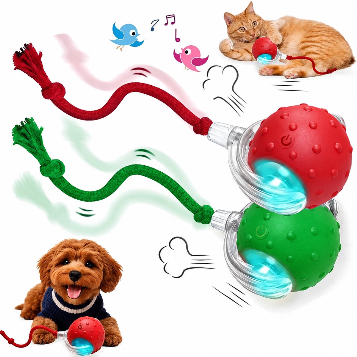 ZVD Interactief huisdierspeelgoed - Kattenspeelgoed - Met vogelgeluiden en een touwtje - Interactieve speelbal voor katten en honden - Slim automatisch rollen 360° - Elektrische speelbal voor katten en honden - Groen + Rood