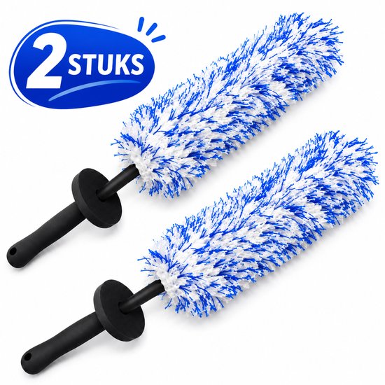 Deux brosses en microfibre bleu et blanc avec des manches noirs, avec '2 STUKS' dans un ovale bleu.
