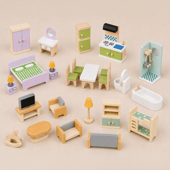Complete poppenhuis meubels: bed, kasten, tafel, stoelen, badkamer, keuken, zithoek, kinderbedje, wipwap en tv meubel.