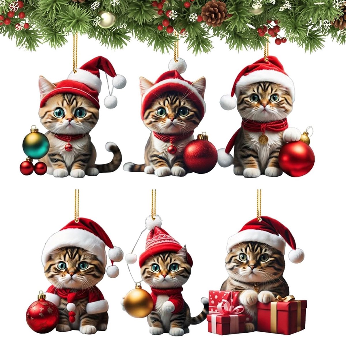 Kerstballen Katten Set 6-7 Stuks - Grappige Kerstversiering voor de Boom - 2D Acryl Hangers met Schattige Kittens - Decoratieve Figuren voor Kerstboom