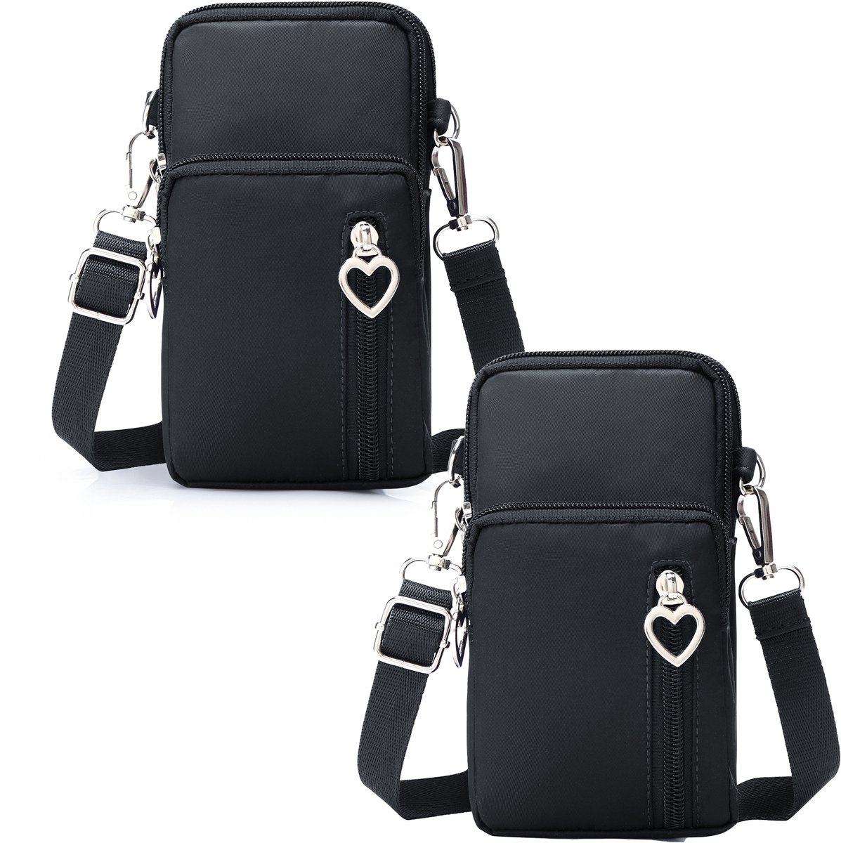 2 stuks Dames crossbodytassen Tas – Telefoontasje 4-Vaks Zwart - Waterproof – 20x10x5 cm - Verstelbaar schouderriem - Kleine crossbodytassen voor dames - Nylon Schoudertas Dames