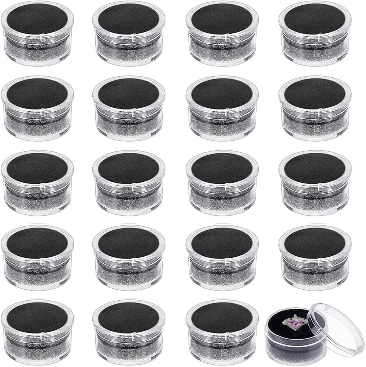 CHGCRAFT 20pcs Black Mini Round Stone Box Plastic Nail Loose Beads Decorate Storage with Sponge Mat for Jewelry Beads - ShopVlot