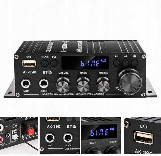 Mini Bluetooth Versterker - Stereo Audioversterker 2.0 - Bluetooth 5.0 - 40W × 2 - 2 Microfooningangen - FM Radio met USB/AUX/RCA en Afstandsbediening - Voor Muziek, Thuisbioscoop en Karaoke — afbeelding 4