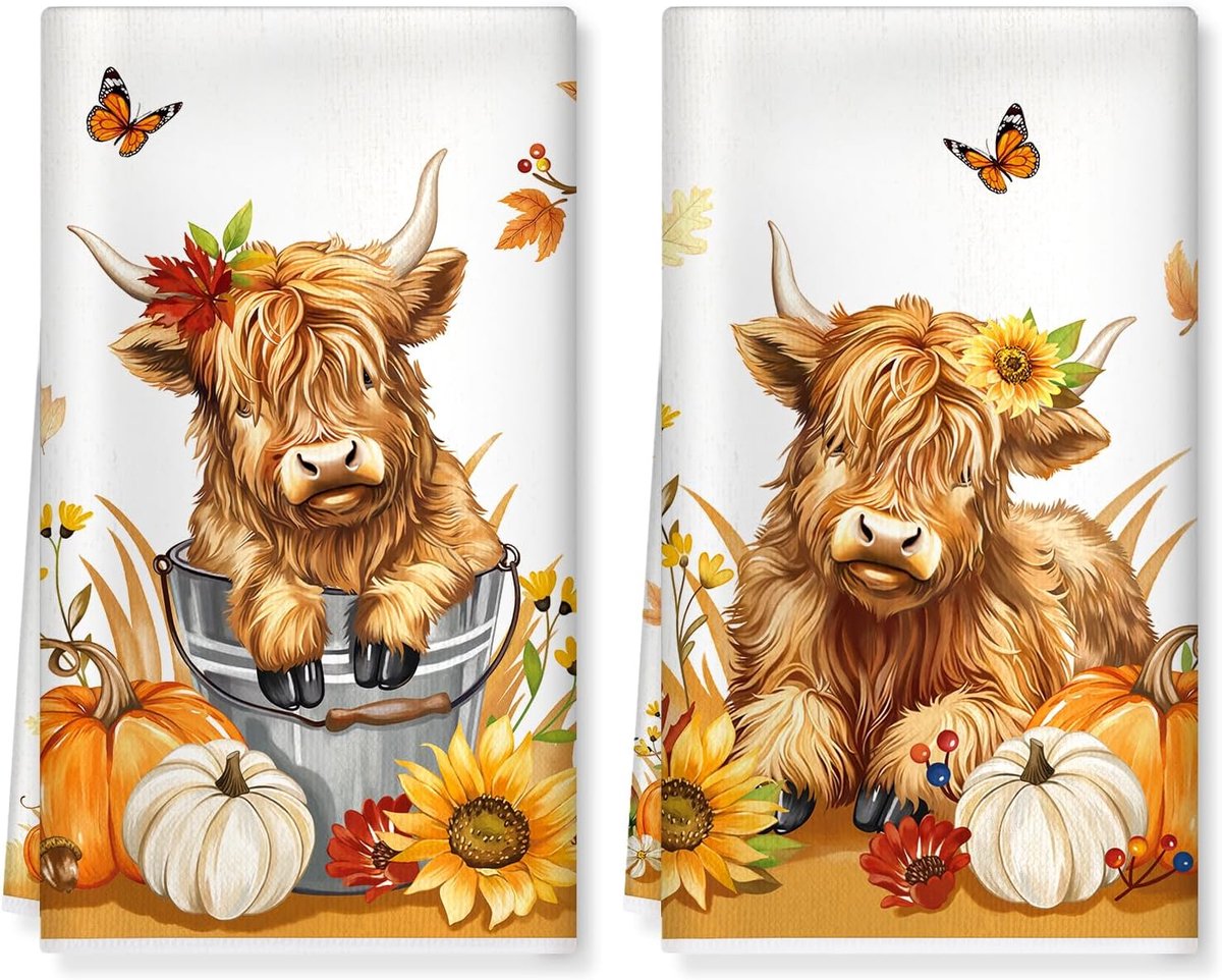 Keukendoeken set van 2 - dikke katoenmix - met herfst Hooglandkoe - absorbeert vocht - ShopVlot