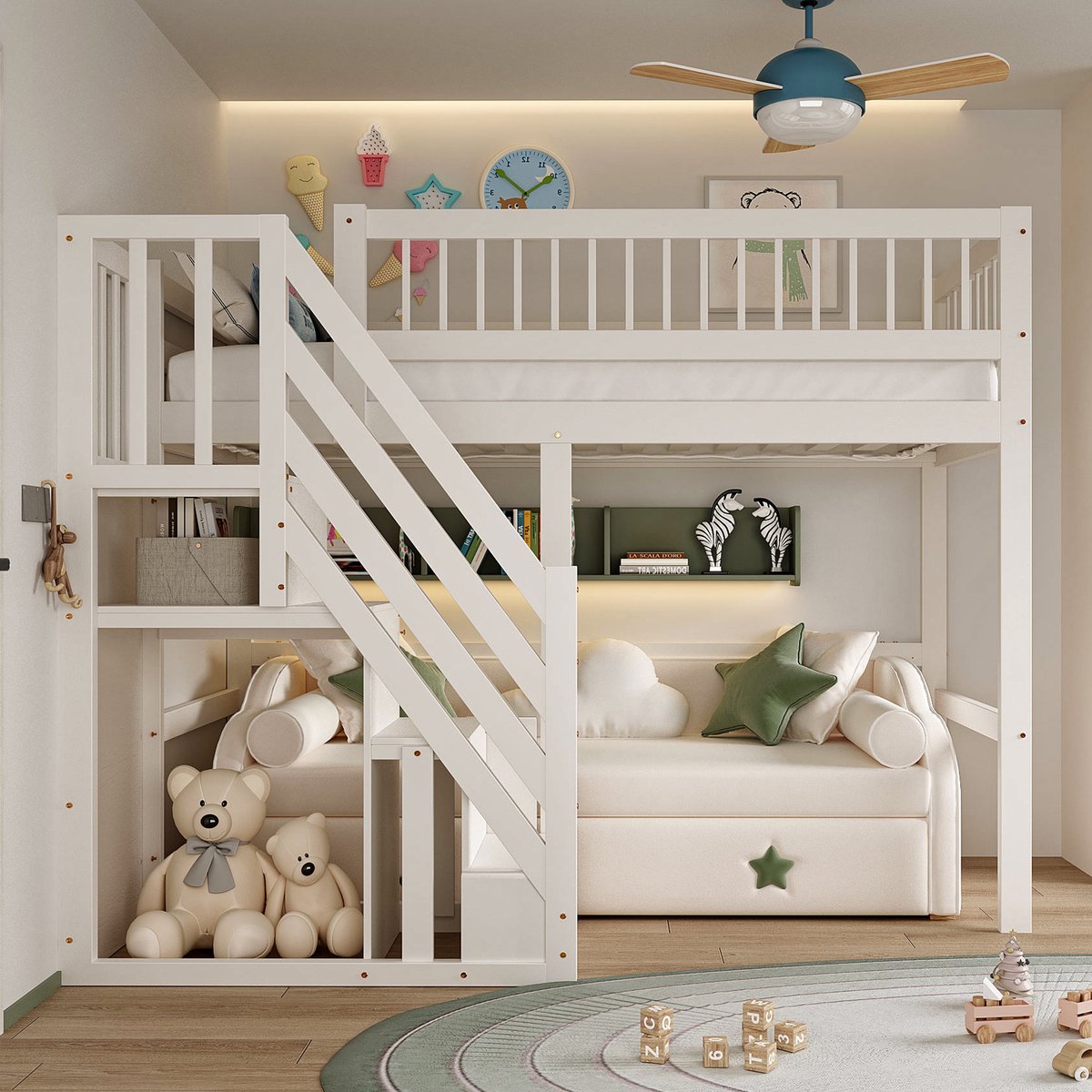 MEUNIQ Hoogslaper 90 x 200 cm met trap en geïntegreerde opbergruimte, kinderbed met hoge omlijsting voor slaapkamer, wit Black