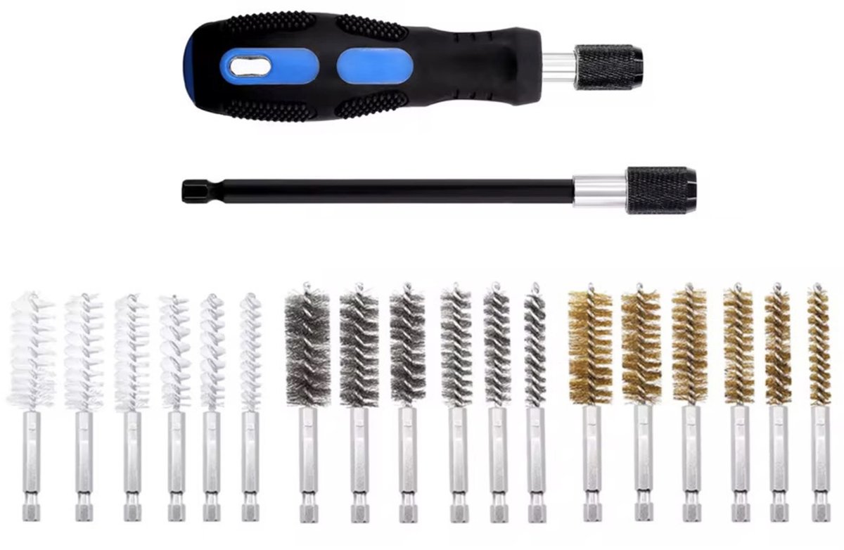 Wishdor 20-delige borstelset - Zeskantaansluiting 1/4 inch - Reinigingsborstels voor boormachine - Staal messing en nylon - Inclusief handgreep - Zwart - Diameters 9 tot 19 mm