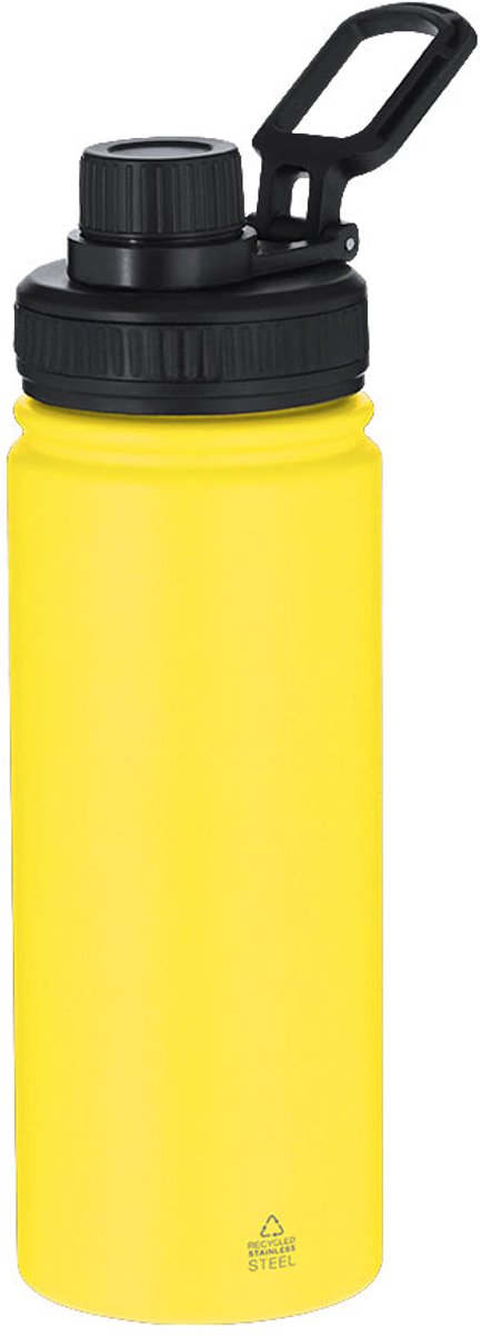 Fles van gerecycled roestvrij staal met een capaciteit van 550 ml. Inclusief zwarte deksel met schroefsysteem Felmar Geel