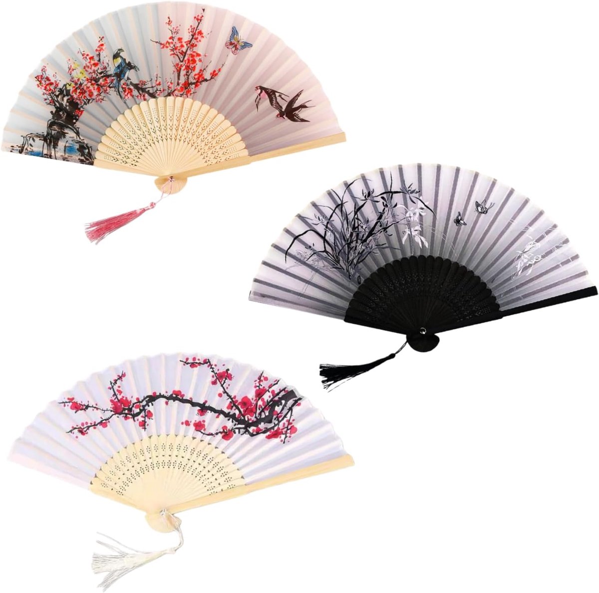 Alfven Hand Fans 3 Pcs Foldable Fan Chinese Flowers Fabric Fans Wedding Bamboo Fan with Tassel for Festival Party DIY - ShopVlot