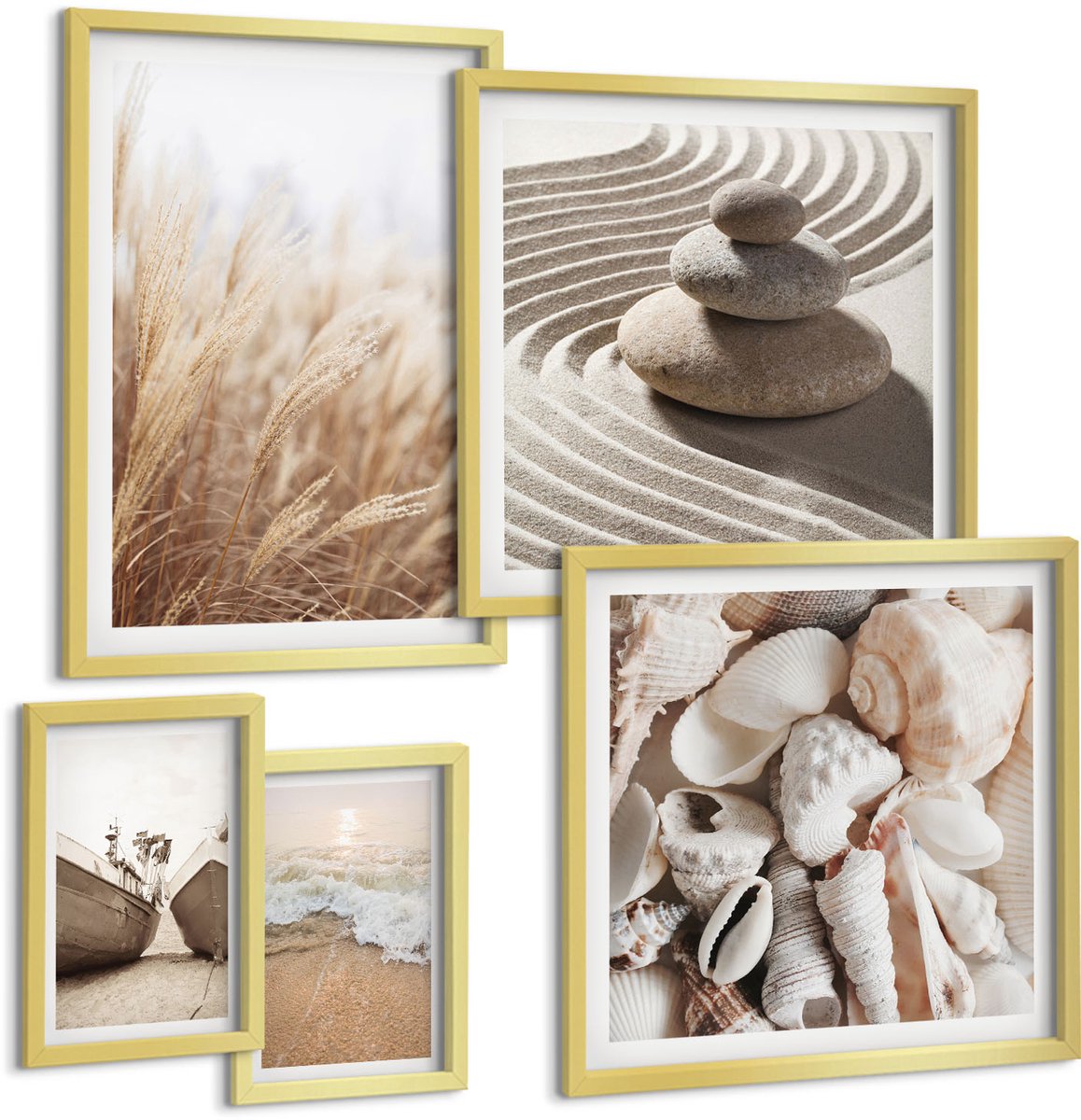 TULUP 5-Delige Schilderij Set - Inspiratie van de zee met schelpen en strandzand - 50 x 50 cm, 20 x 30 cm en 40 x 60 cm - Muurdecoratie - Interieur Decoratie - Moderne Wanddecoratie Gouden lijst