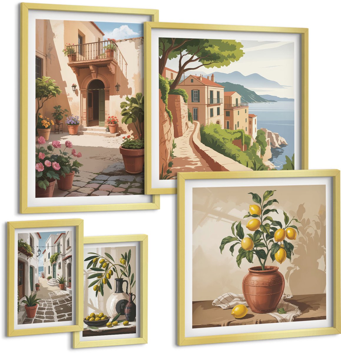 TULUP 5-Delige Schilderij Set - Gezellige straatjes en bloemenaccenten in mediterrane stijl. - 50 x 50 cm, 20 x 30 cm en 40 x 60 cm - Wanddecoratie - Woonkamer Decoratie - Muurdecoratie Gouden lijst