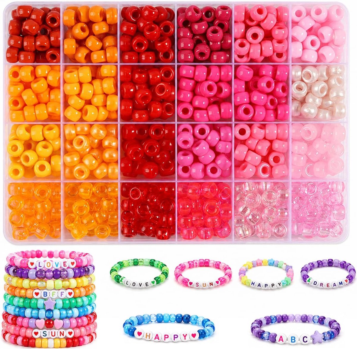 Ponykralen, 720 stuks, 24 kleuren, ponykralen met opbergdoos, 6 x 9 mm, kralen met groot gat om te rijgen, armbanden zelf maken, kralenset, doe-het-zelf sieraden, knutselen, cadeau (rood, roze)