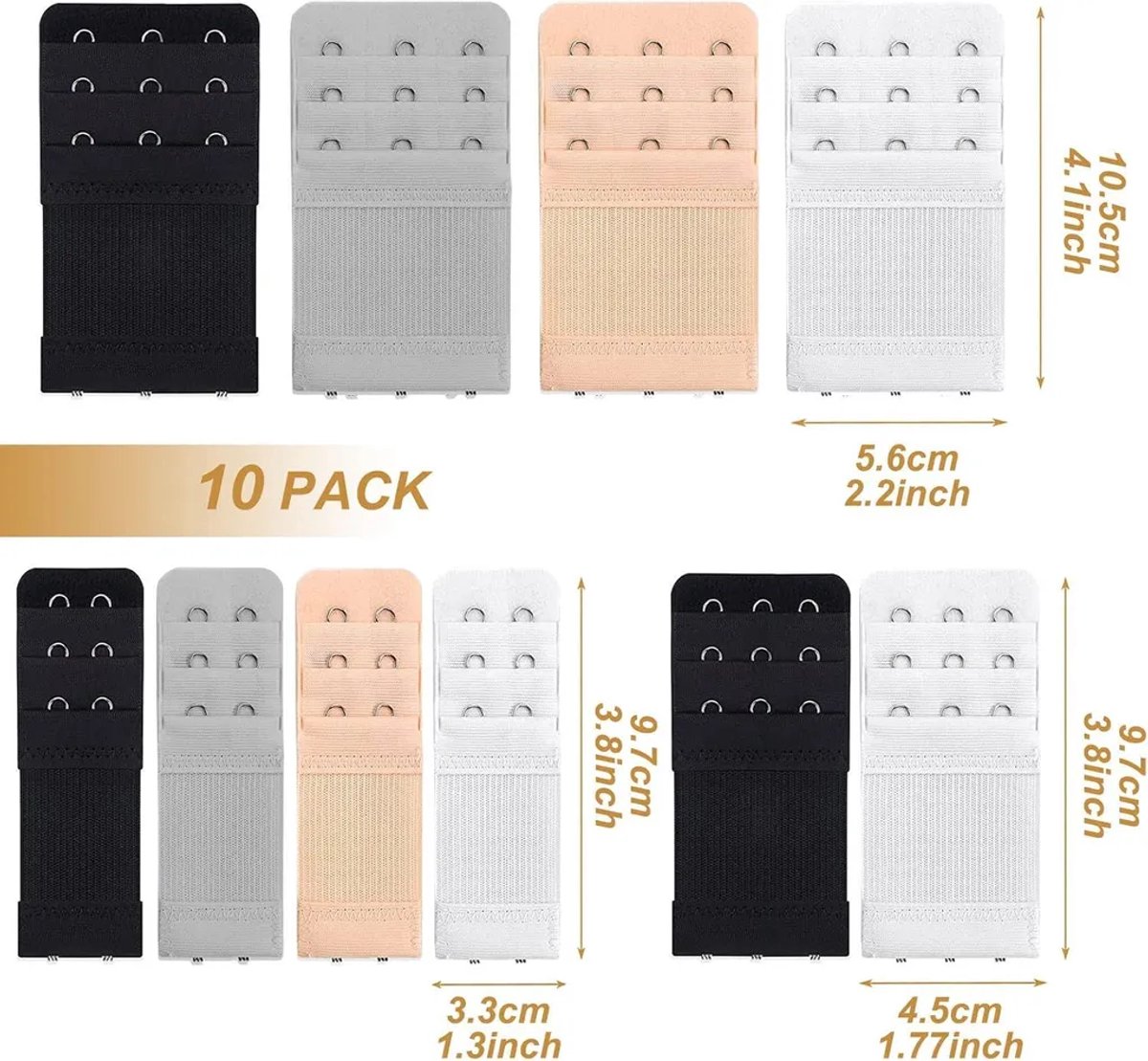 Bh-verlengclips, 10 stuks, elastisch materiaal, Geschikt voor2 of 3 haakjes, Geschikt voor damesbh's, verkrijgbaar in wit, zwart, grijs en huidskleur.