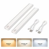 LED Kastverlichting met Bewegingssensor 30 cm - 2 Stuks - USB-C Oplaadbaar - 3 Lichtkleuren - Magnetisch - Keuken, Kast & Trap - Wit