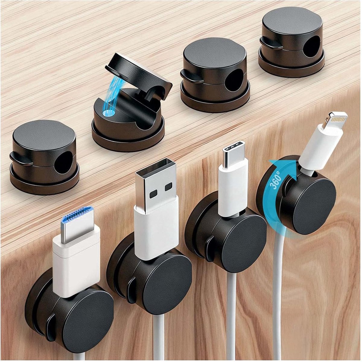 12 stuks Magnetische Kabelhouder 360° Draaibaar – Zelfklevende Kabelclip voor Bureau, Nachtkastje en Auto – Kabelmanagement Organizer – Zwart