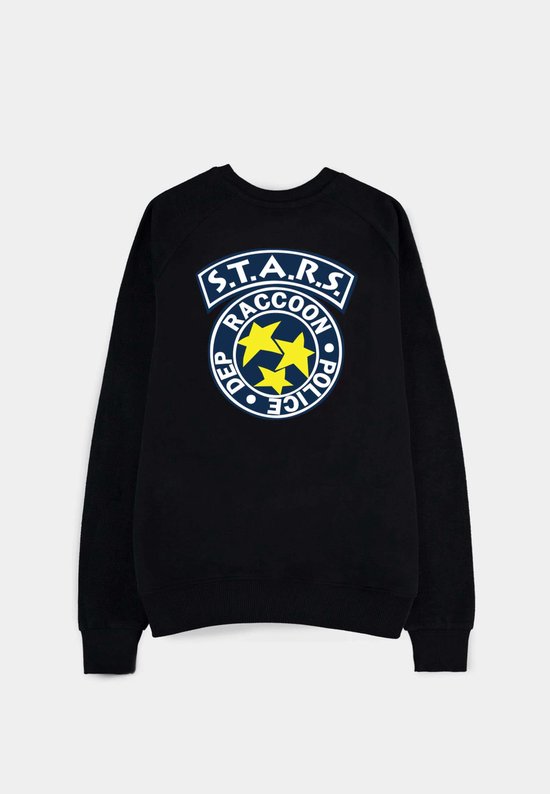 Zwarte sweater met op de rug het S.T.A.R.S. Raccoon Police Department logo in geel en blauw.