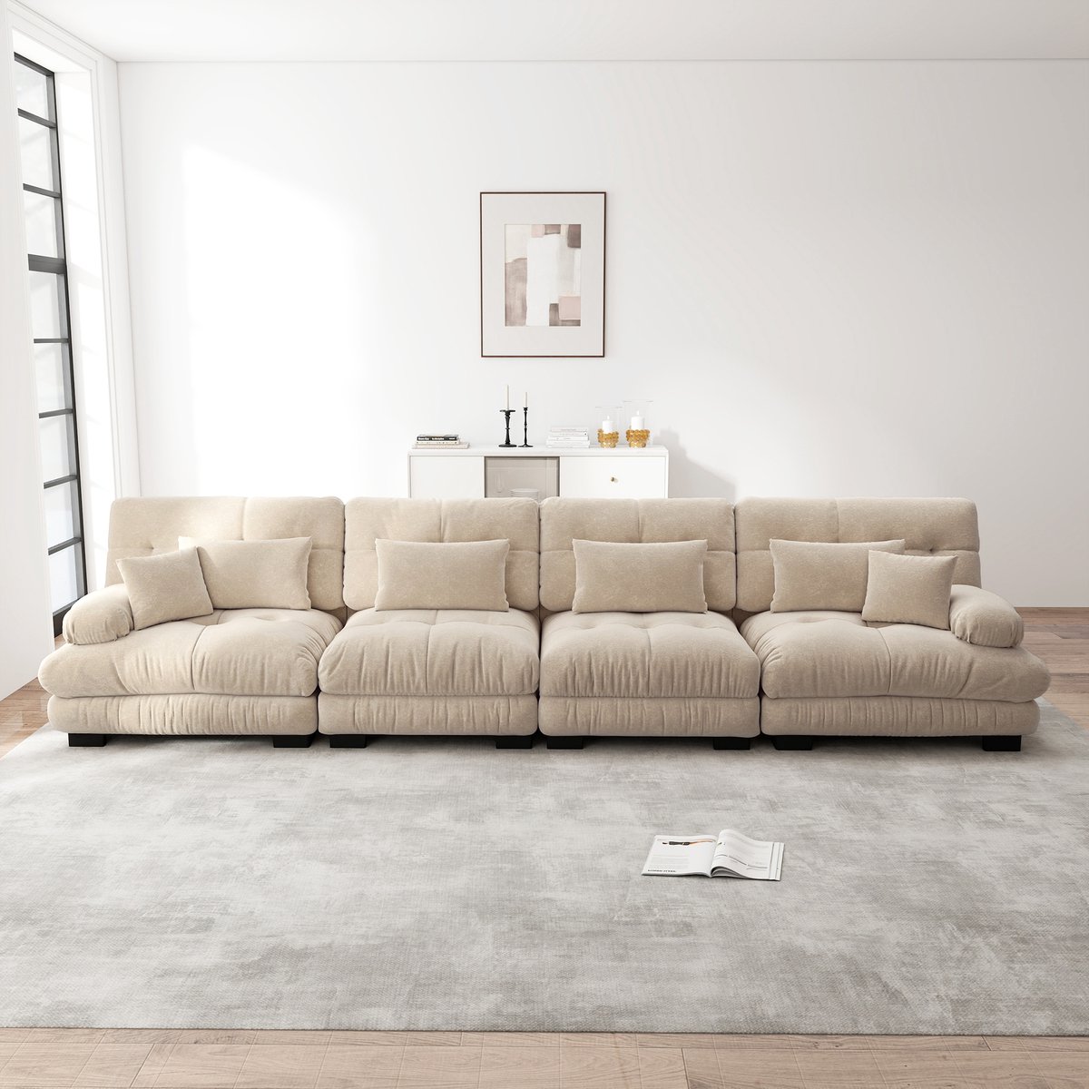 Modulaire 4-zits hoekbank - Diepe zit en cloud comfort - 4 personen - Lichtbruin chenille - Ronde armleuningen als hoofdkussen - Modulair ontwerp