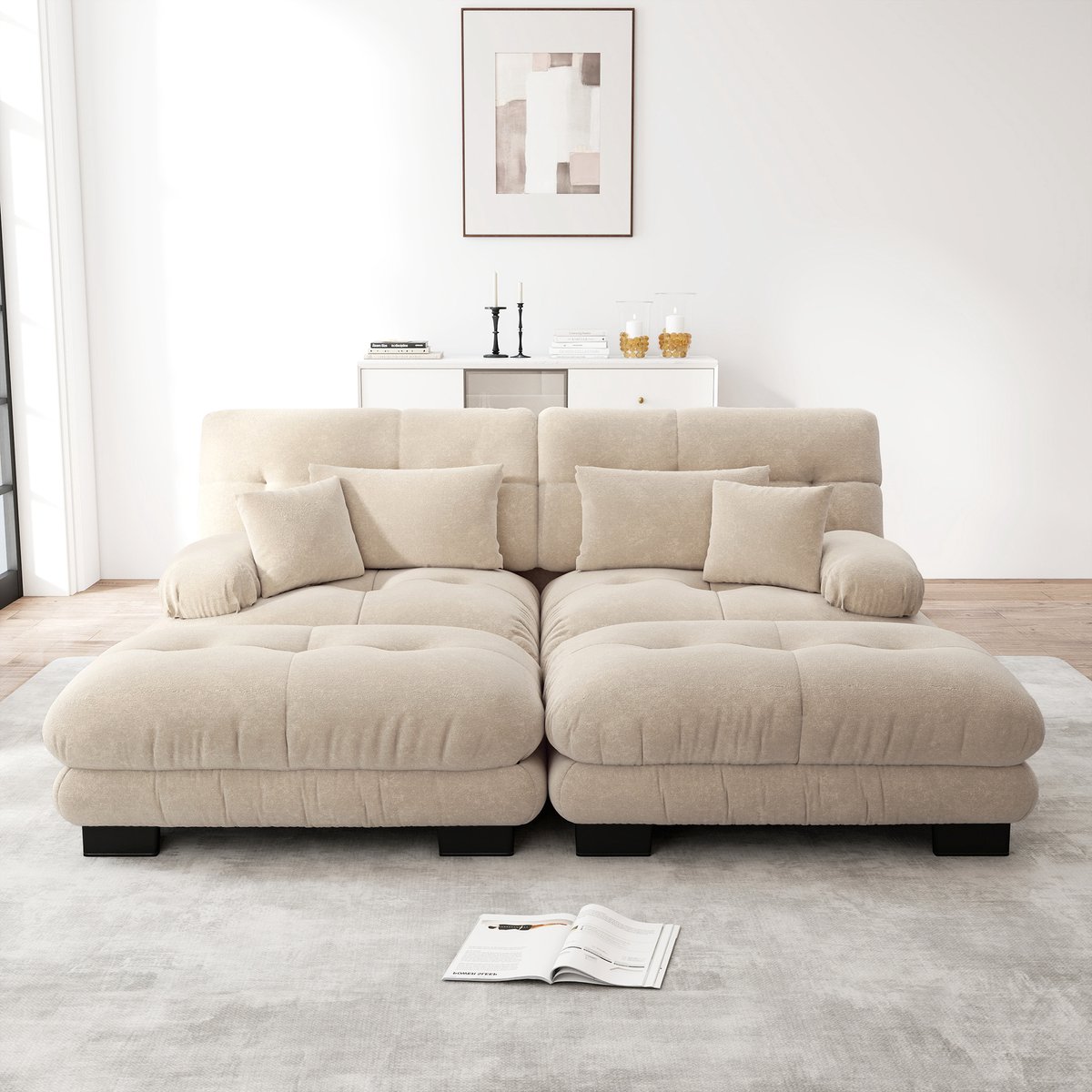 Modulaire cloud bank met 2 ottomans - L- of U-vorm - 2-4 persoons - Lichtbruin - Chenille stof - Diepe zit en brede armleuningen - Incl. 2 lenden- en 2 sierkussens - Geen montage nodig
