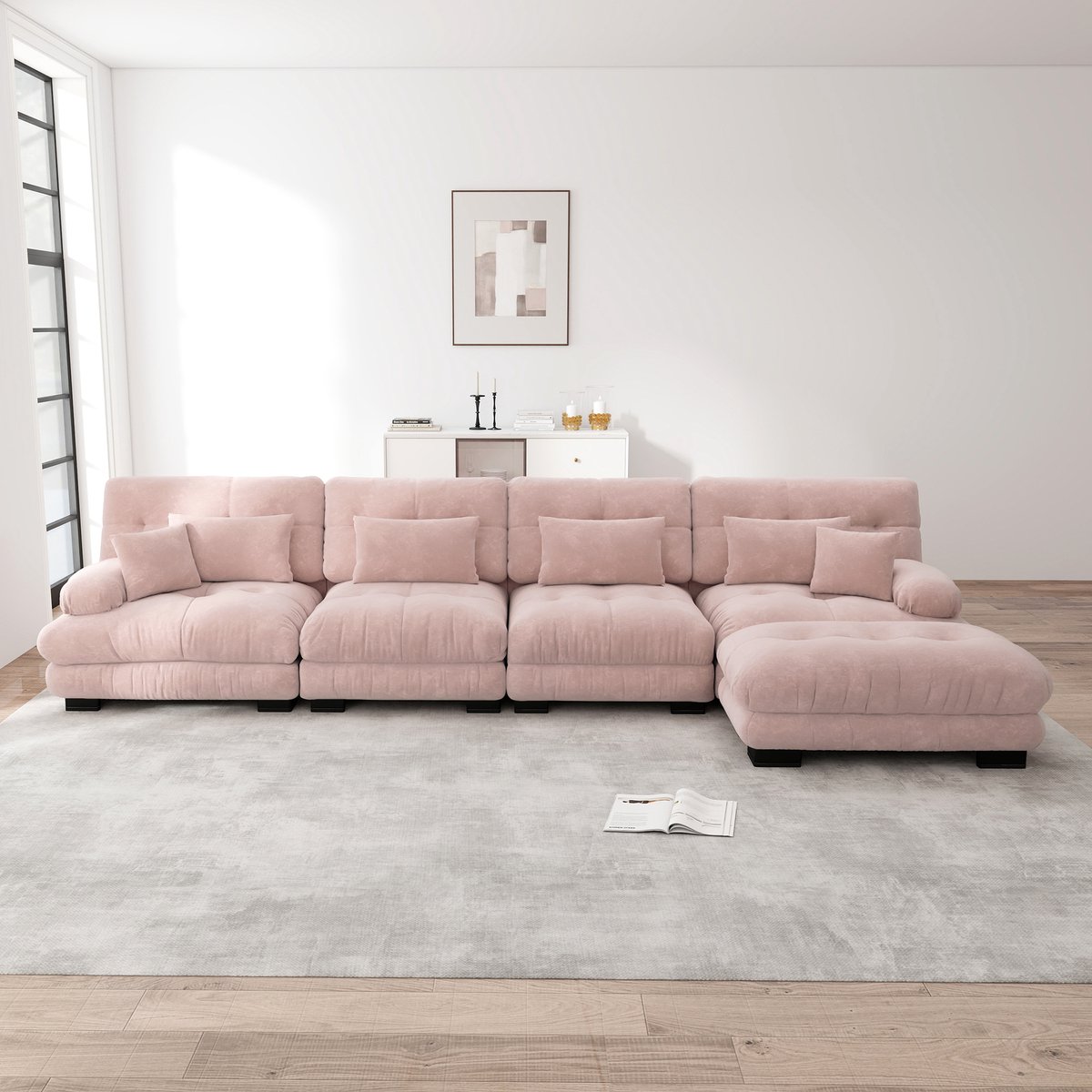 Modulaire L-vormige bank met bewegelijk ottoman - Geschikt voor woonkamer, 4-zits - Roze - Zachte chenille stof, ronde armleuningen - DIY-combinatie, geen montage - Vacuüm verpakt, incl. kussens