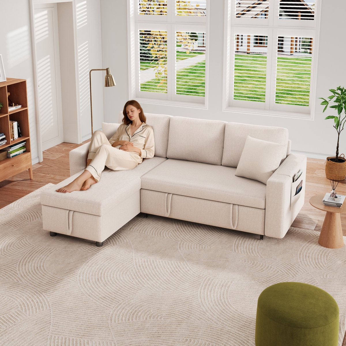 L-vorm slaapsofa met opbergvak en uitwisselbare chaise longue - voor woonkamer en logeerruimte - 3-4 personen - beige - hoge rugleuning - zijvakken - verborgen opbergruimte