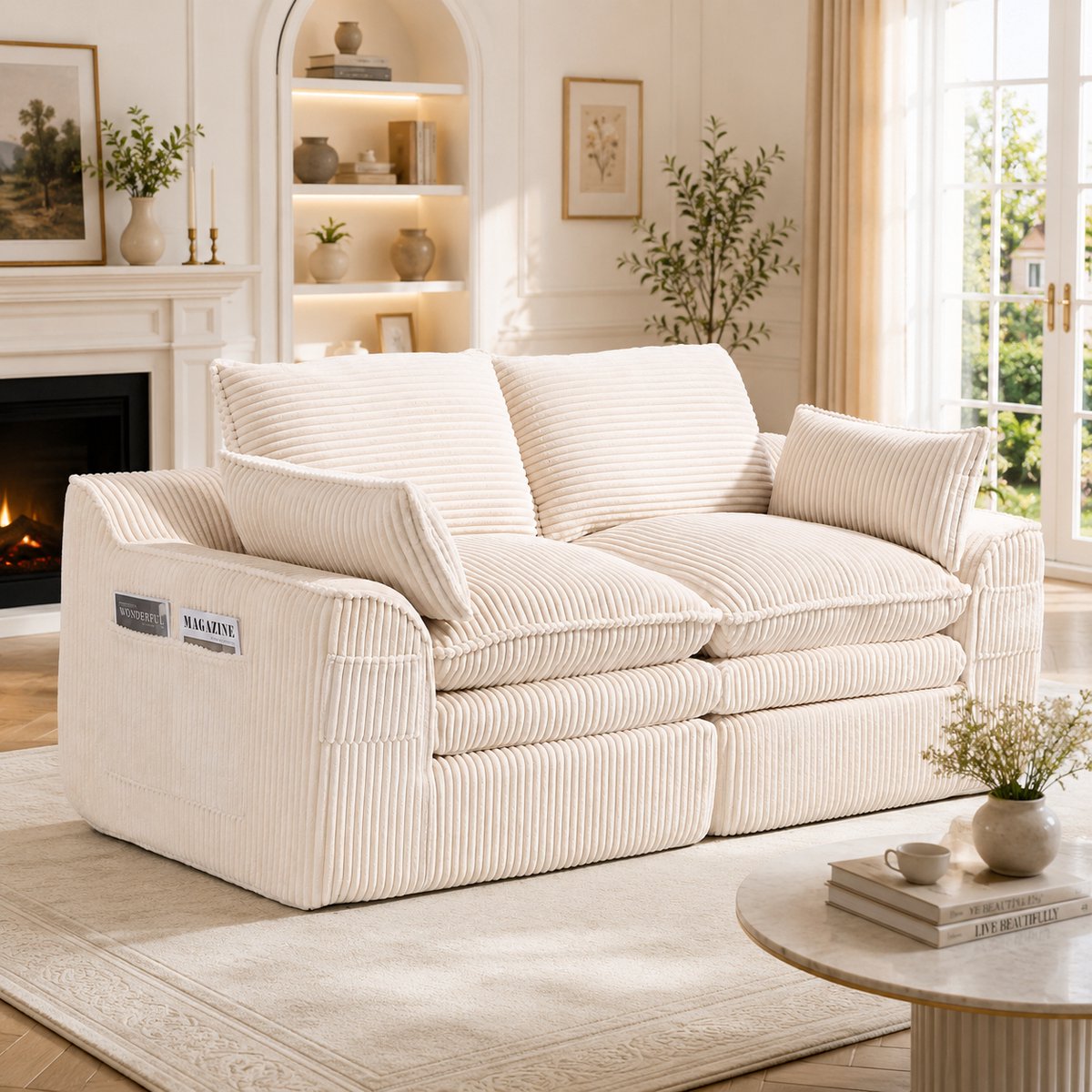 Modulaire 2-zitsbank cord - Met kussens en twee zijvakken - 2 zitplaatsen - Beige - 3-laags schuim + springkern - Vormvast en snel herstel - Ideaal voor woonkamer en kantoor