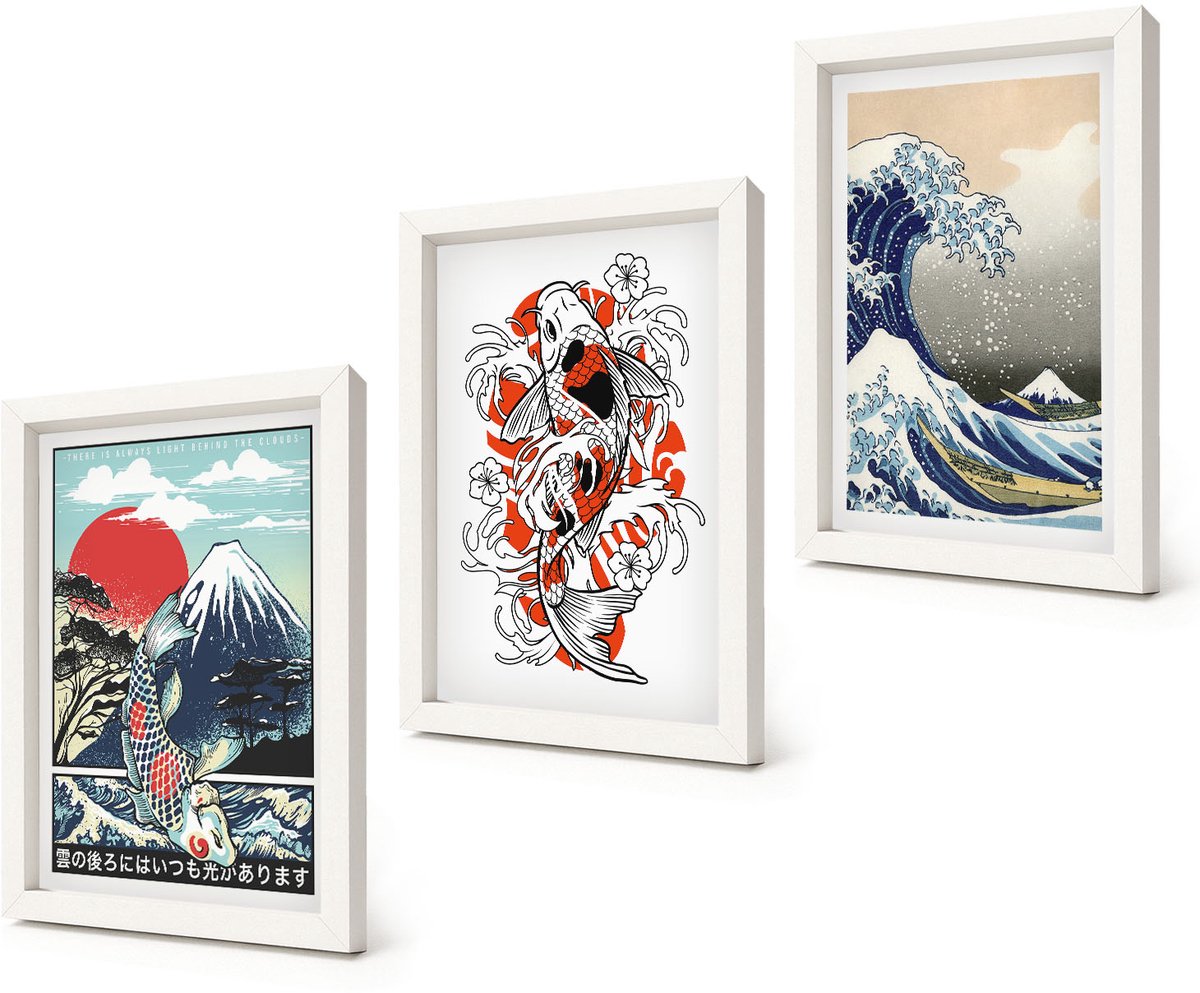 Coloray 3-Delige Schilderij Set - Illustraties van de Visbergen en de Grote Golf voor de kust van Kanagawa in Japanse stijl. - 20x30 - Decoratieve Muurdecoratie - Slaapkamer - Stijlvolle Muurdecoratie