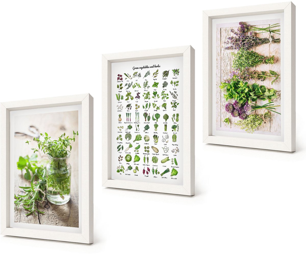 Coloray 3-Delige Schilderij Set - Lijst met gedroogde keukenkruiden - 20x30 - Stijlvolle Wanddecoratie - Interieur - Stijlvolle Muurdecoratie