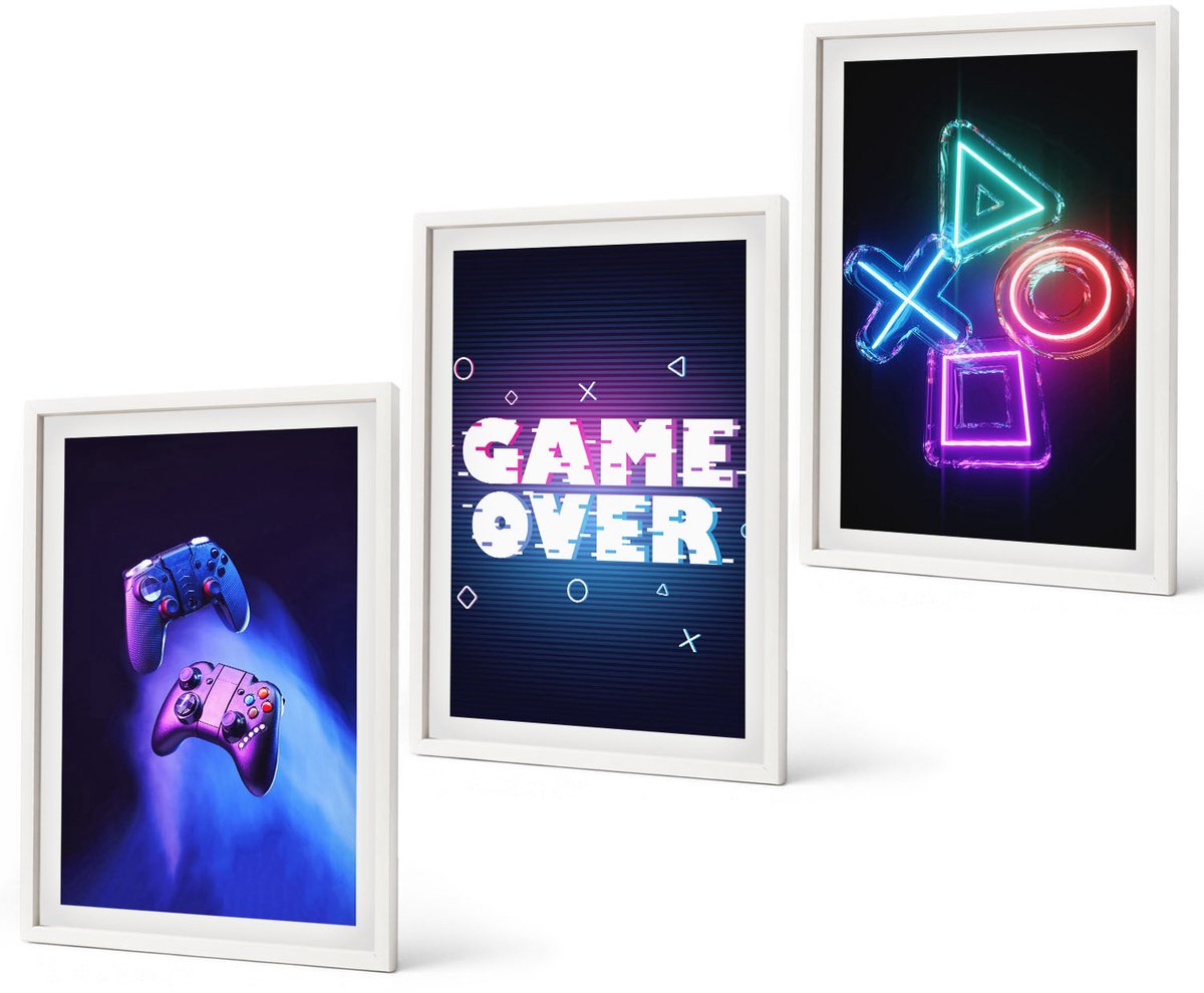 Coloray 3-Delige Schilderij Set - Gamepads Game Over-Inscriptiepictogrammen - 40 x 60 - Stijlvolle Muurdecoratie - Slaapkamer - Wanddecoratie