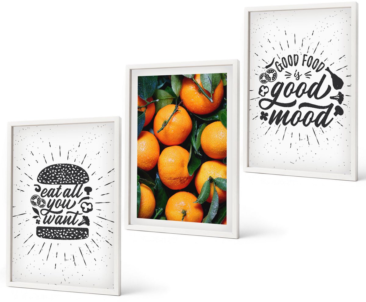 Coloray 3-Delige Schilderij Set - Keukenmotieven En Sappige Sinaasappels - 40 x 60 - Muurdecoratie - Schilderijen Set - Woonkamer - Wanddecoratie