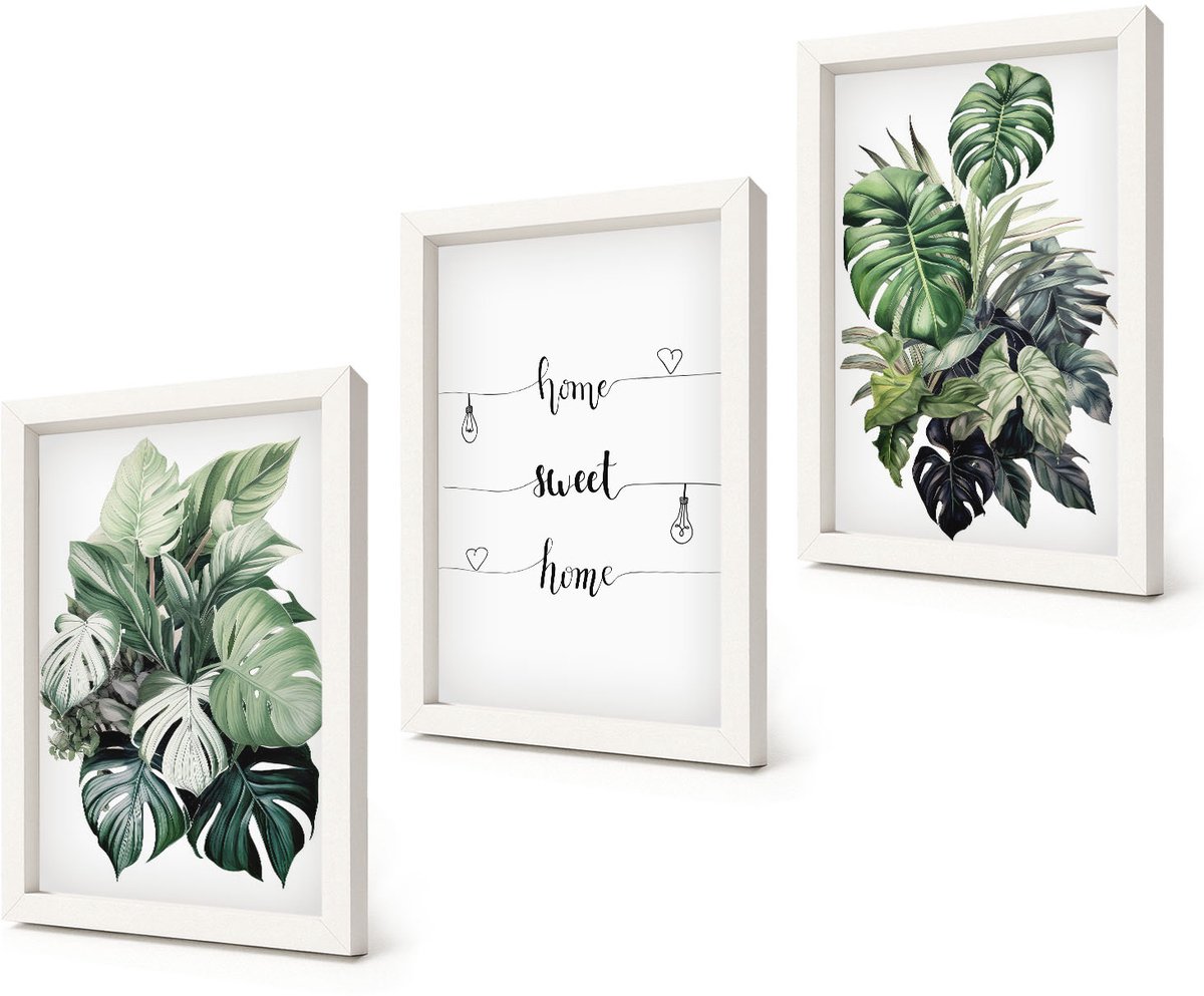 Coloray 3-Delige Schilderij Set - Aquarel Monstera verlaat het fijne thuis - 20x30 - Stijlvolle Wanddecoratie - Interieur - Decoratieve Schilderijen