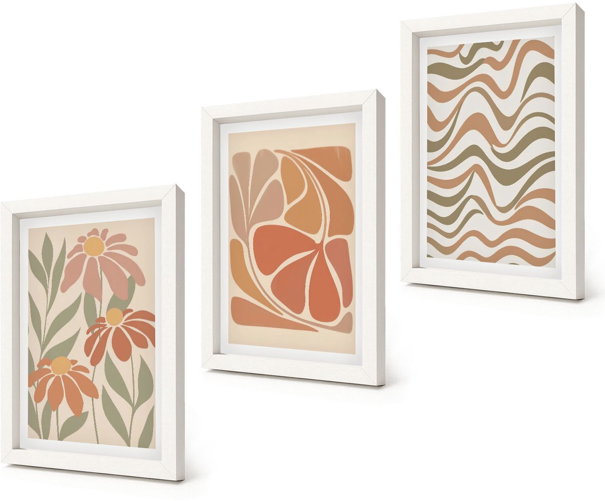 Coloray 3-Delige Schilderij Set - Pastelkleurige bloemen en abstracte patronen - 20x30 - Decoratieve Schilderijen - Wanddecoratie - Hal - Stijlvolle Muurdecoratie