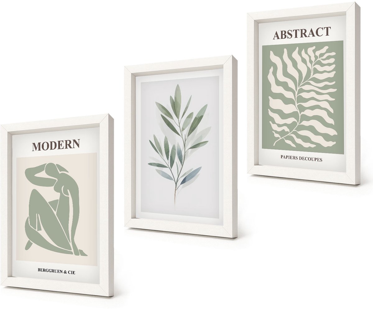 Coloray 3-Delige Schilderij Set - Matisse Design Aquarel Boho Planten - 20x30 - Muurdecoratie - Wanddecoratie - Hal
