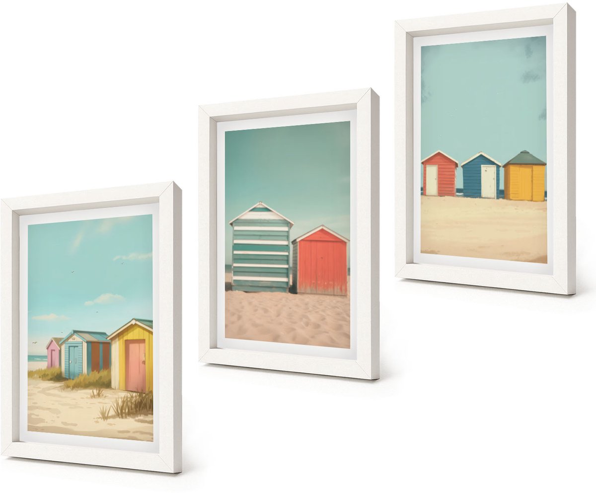 Coloray 3-Delige Schilderij Set - Kleurrijke strandhuisjes in de zomerzon - 20x30 - Decoratieve Muurdecoratie - Slaapkamer - Interieur Decoratie