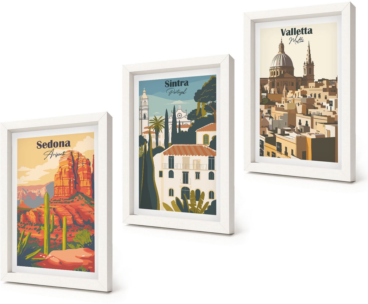 Coloray 3-Delige Schilderij Set - Stadsgezichten in retrostijl van Sedona, Sintra en Valletta - 20x30 - Muurdecoratie - Wanddecoratie - Slaapkamer - Decoratieve Schilderijen