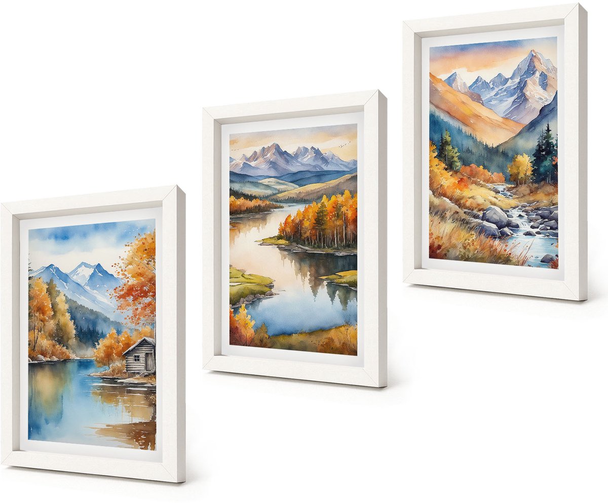 Coloray 3-Delige Schilderij Set - Uitzicht op de bergen met een rivier en herfstbomen. - 20x30 - Stijlvolle Muurdecoratie - Slaapkamer - Interieur Decoratie