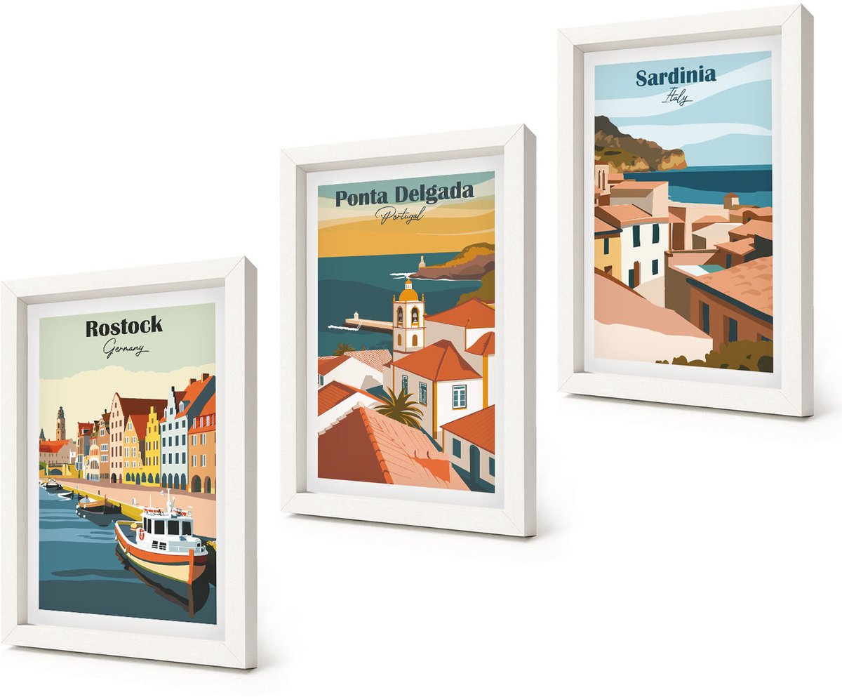 Coloray 3-Delige Schilderij Set - Uitzichten op Europese kust- en havensteden - 20x30 - Wanddecoratie - Schilderijen Set - Interieur - Muurdecoratie