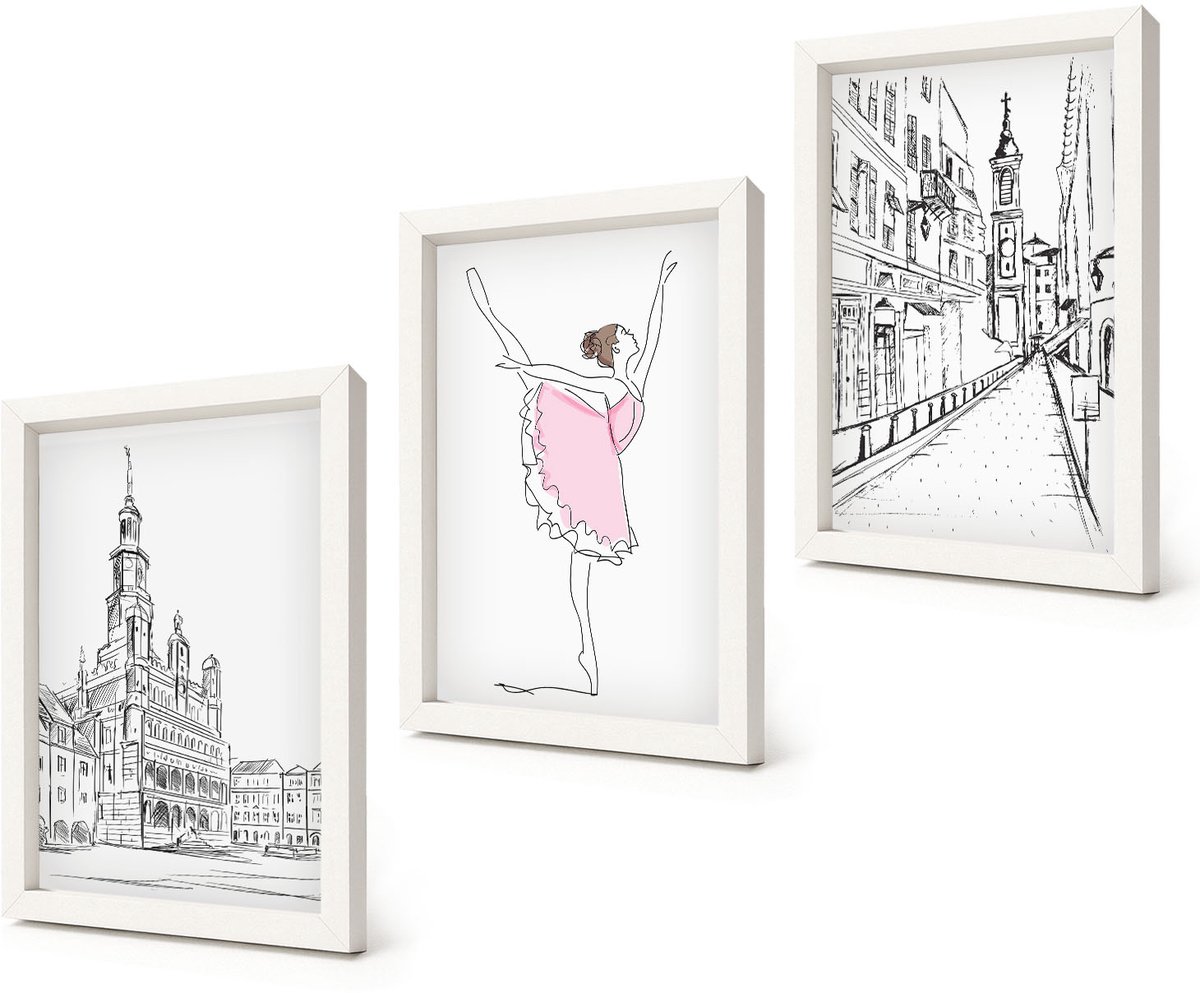 Coloray 3-Delige Schilderij Set - Stijlvolle schilderijen van een dansende ballerina en architectuur. - 20x30 - Decoratieve Schilderijen - Wanddecoratie - Hal