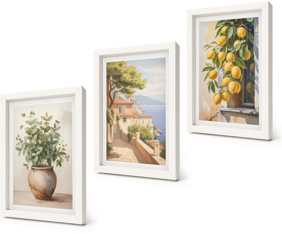 Coloray 3-Delige Schilderij Set - Bloemen in een vaas met uitzicht op zee en citroenen - 20x30 - Wanddecoratie - Schilderijen Set - Kantoor - Decoratieve Schilderijen