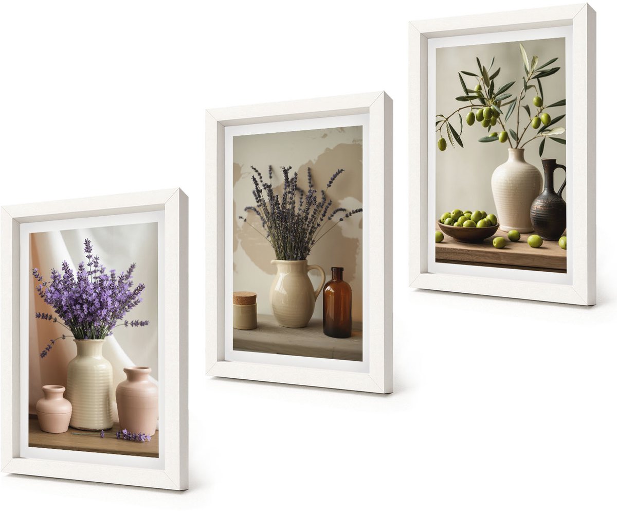 Coloray 3-Delige Schilderij Set - Lavendelbloemen, olijven en keramische vazen - 20x30 - Wanddecoratie - Schilderijen Set - Interieur - Muurdecoratie