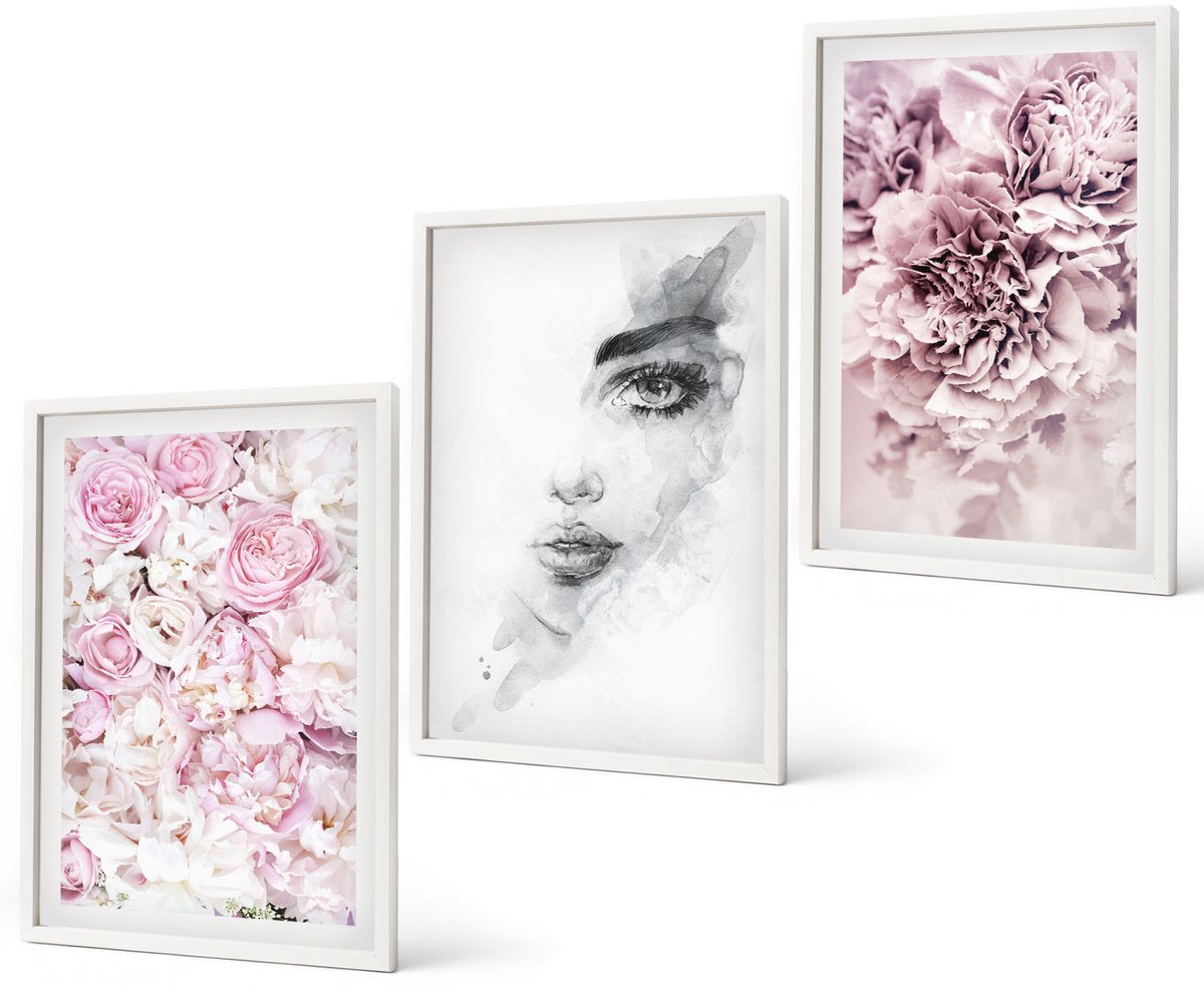Coloray 3-Delige Schilderij Set - Delicate Peonies Zwart-Wit Portret Van Een Vrouw - 40 x 60 - Wanddecoratie - Muurdecoratie - Moderne Interieurdecoratie