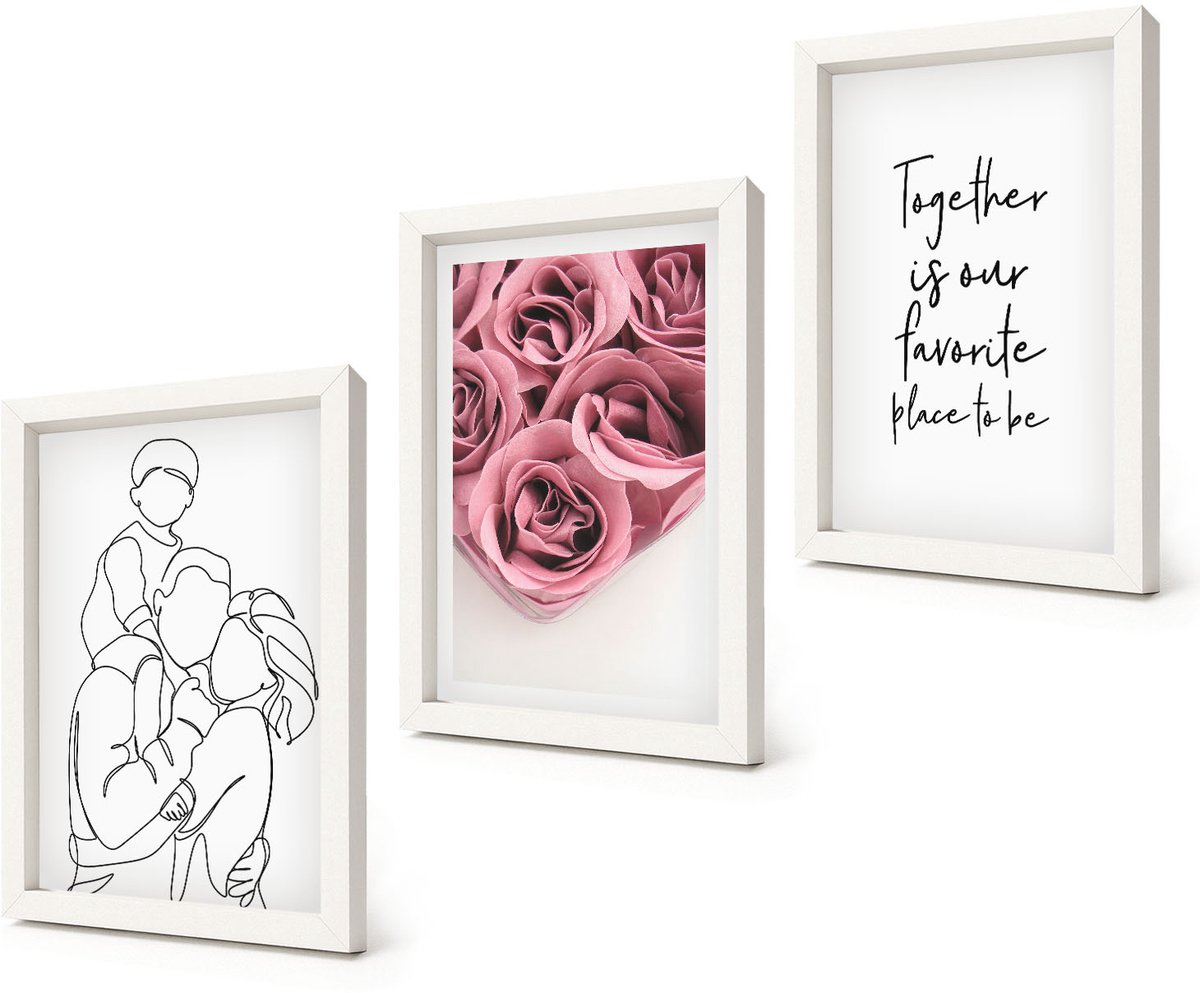 Coloray 3-Delige Schilderij Set - Familie Lineart Rozenboeketten Inscriptie Thuis - 20x30 - Wanddecoratie - Woonkamer Decoratie - Stijlvolle Muurdecoratie