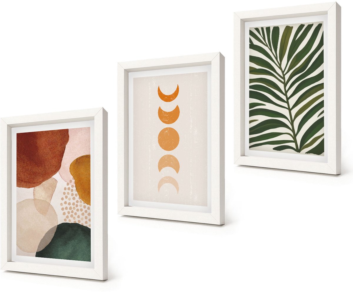 Coloray 3-Delige Schilderij Set - Abstracte vormen in warme kleuren en bladeren - 20x30 - Stijlvolle Muurdecoratie - Slaapkamer - Moderne Wanddecoratie