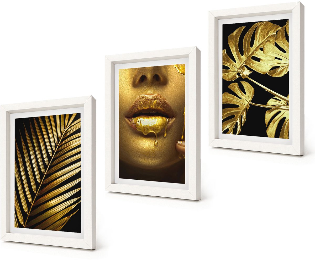 Coloray 3-Delige Schilderij Set - Palmbladeren Vrouwengezicht Monsterabladeren - 20x30 - Decoratieve Schilderijen - Woonkamer - Interieur - Stijlvolle Muurdecoratie