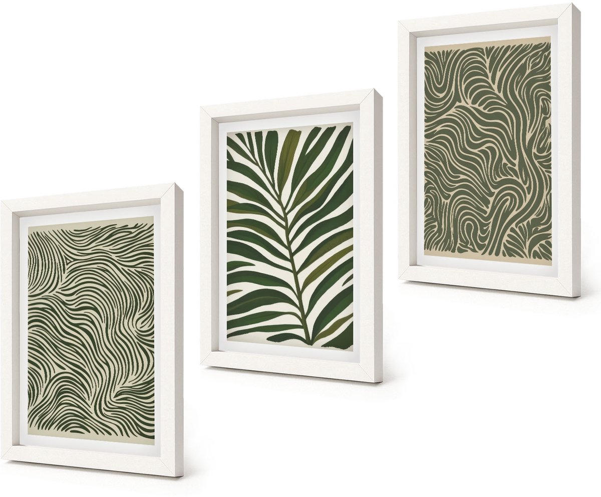Coloray 3-Delige Schilderij Set - Abstracte patronen met bladeren en golvende vormen - 20x30 - Muurdecoratie - Decoratieve Schilderijen - Wohnzimmer - Stijlvolle Muurdecoratie